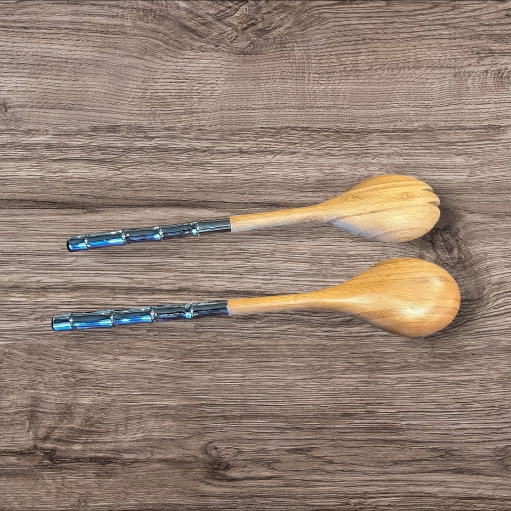 Vintage 90s Pair of Salad Server Spoon & Fork Wood Chrome Bambooo